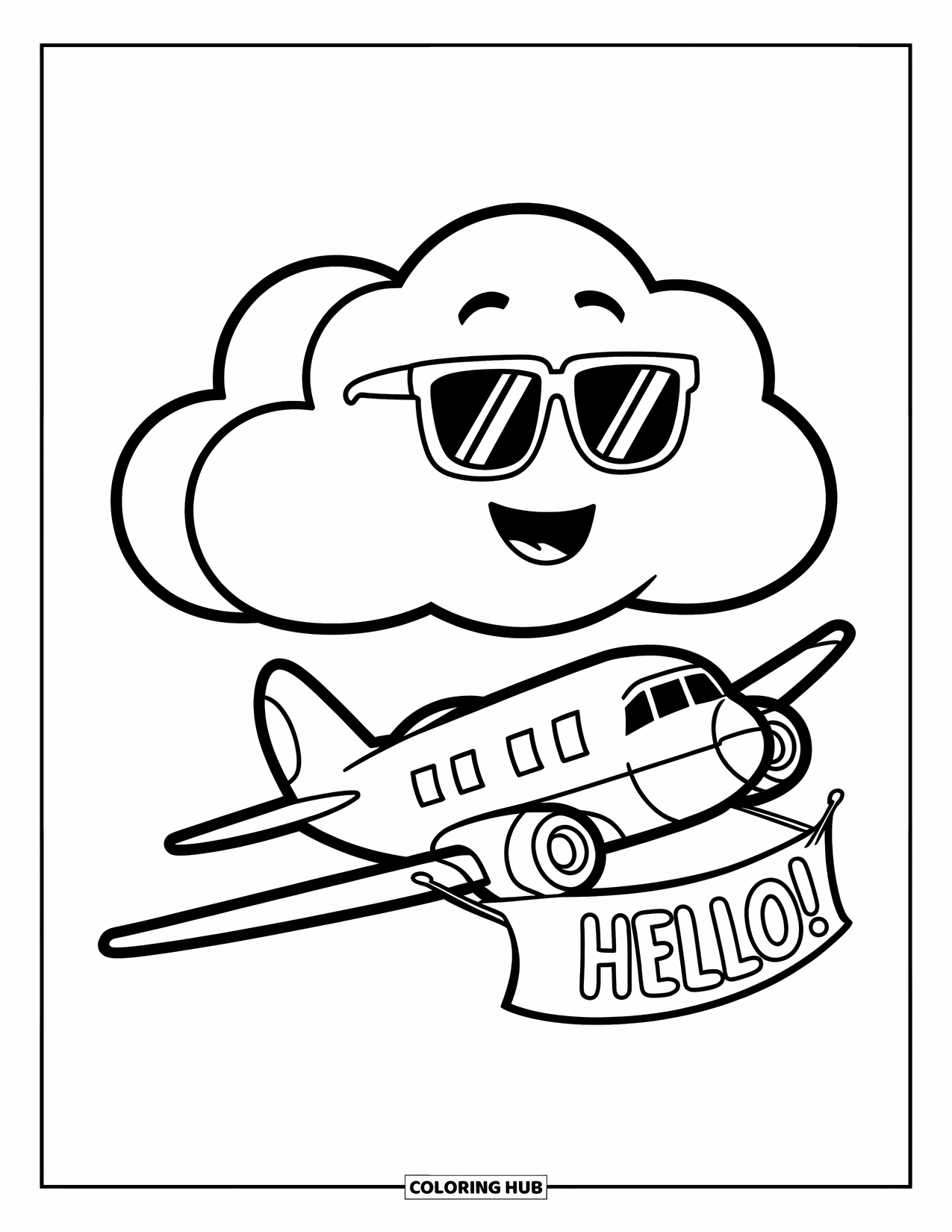 Cloud Coloring Page for Kids: A smiling airplane flies past a cloud in sunglasses holding a "Hello!" banner