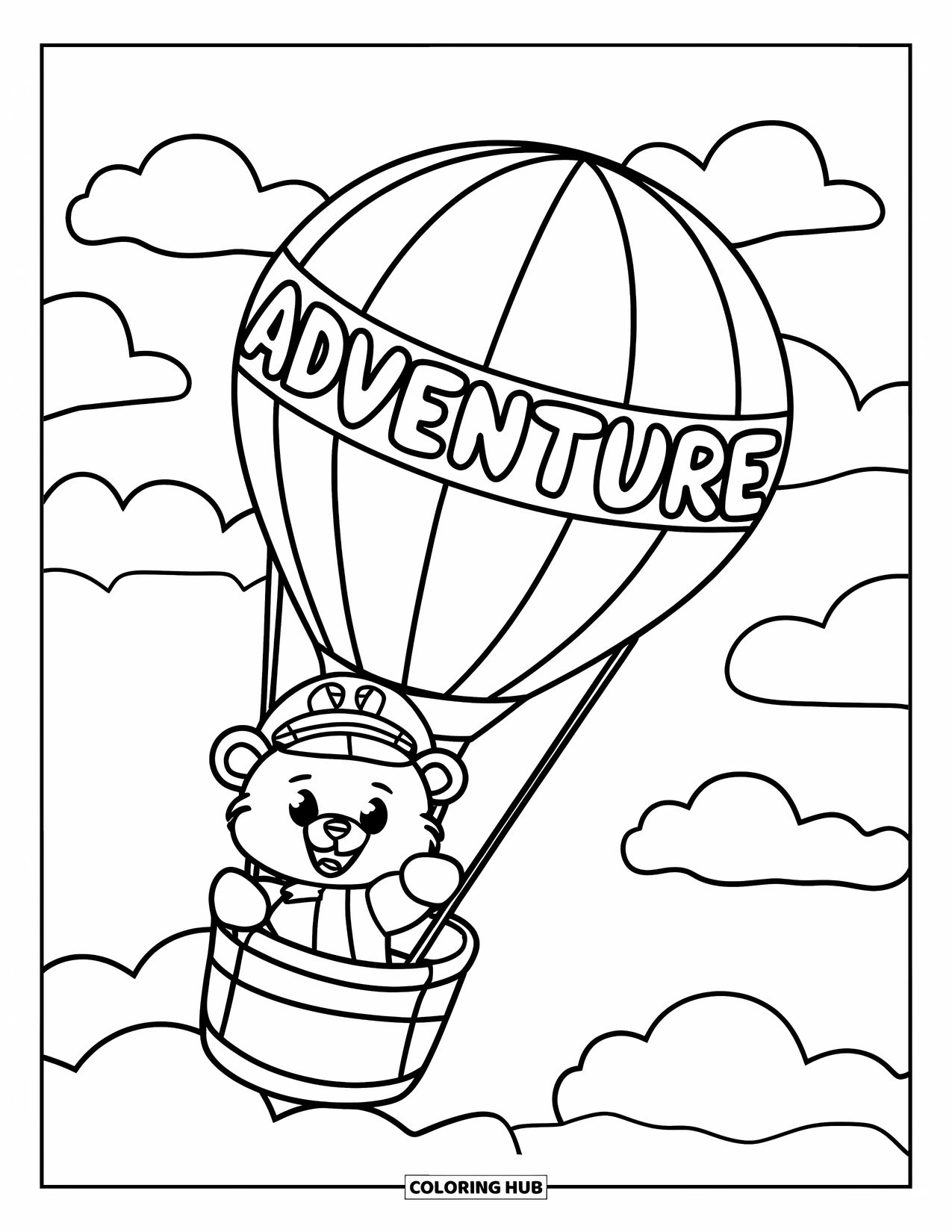 Cloud Coloring Page for Kids: A smiling bear with a pilot's hat rides a balloon that says "Adventure" in the sky