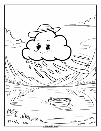 Desenho de nuvem para colorir para crianças: Uma nuvem sorridente sopra o vento sobre um lago com árvores e montanhas ao fundo