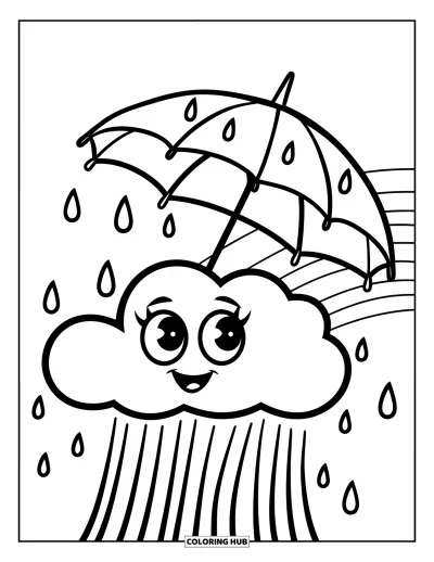 Desenho de nuvem para colorir para crianças: Uma nuvem sorridente carrega um guarda-chuva com pontas de gota de chuva e um arco-íris atrás
