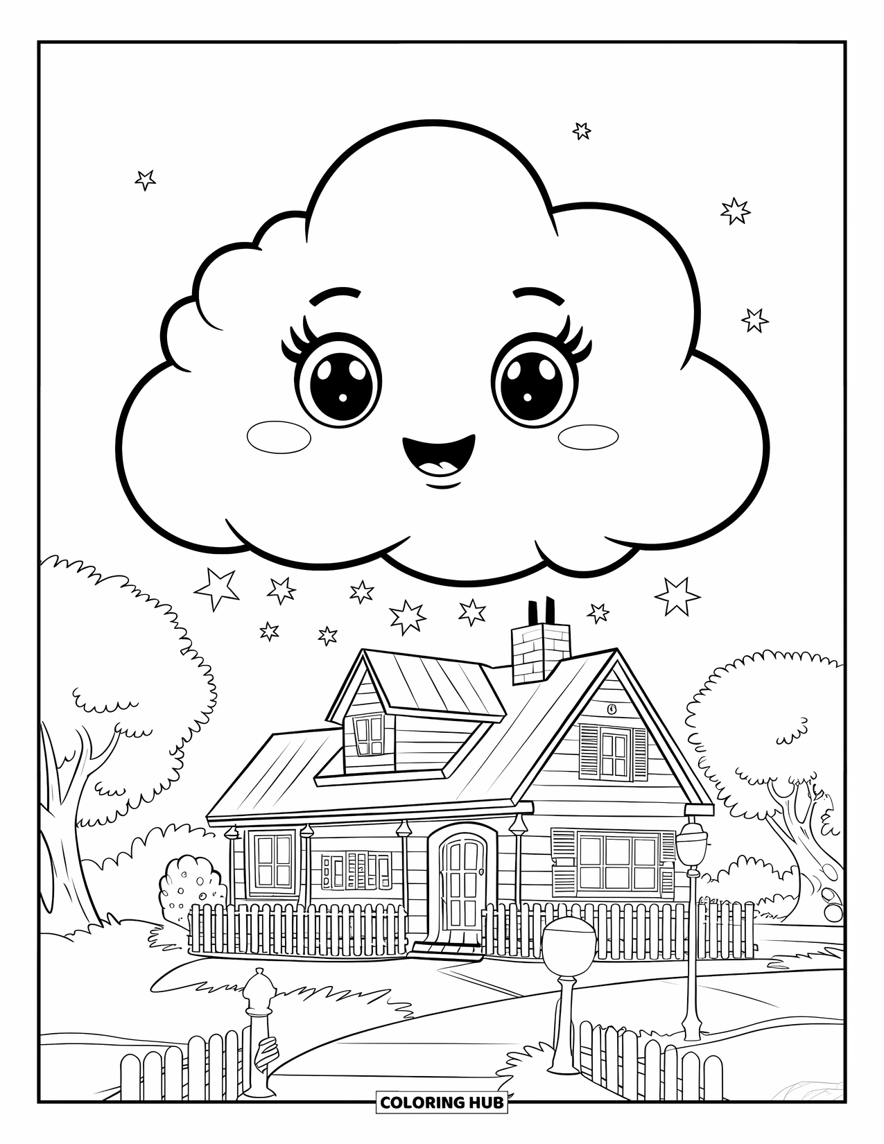 Cloud Coloring Page for Kids: A smiling cloud hovers over a house with a red roof and picket fence