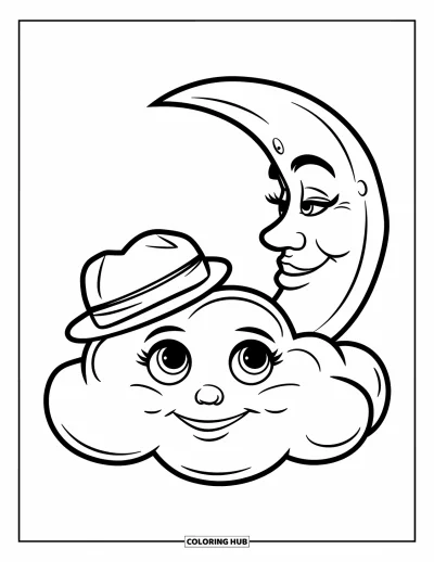 Desenho de nuvem para colorir para crianças: Uma lua sorridente e uma nuvem, ambas usando chapéus, relaxam sob um céu tranquilo