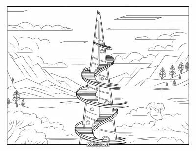 Desenho de nuvem para colorir para crianças: Uma torre de vidro em espiral se ergue entre nuvens, montanhas, árvores e um lago tranquilo lá embaixo