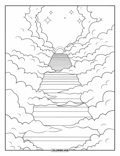 Desenho de nuvem para colorir para crianças: Uma escadaria feita de nuvens sobe pelo céu, rodeada de estrelas suaves e silêncio