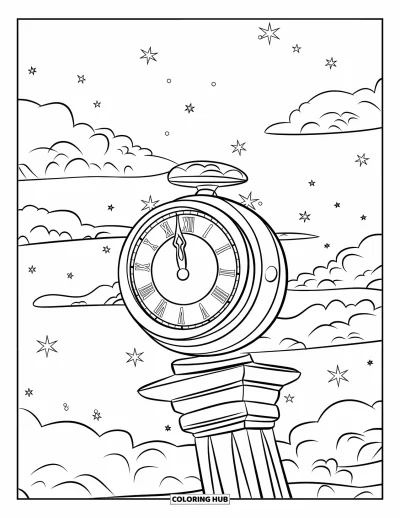 Desenho de nuvem para colorir para crianças: Um relógio repousa sobre uma coluna, cercado de nuvens à deriva e estrelas cintilantes
