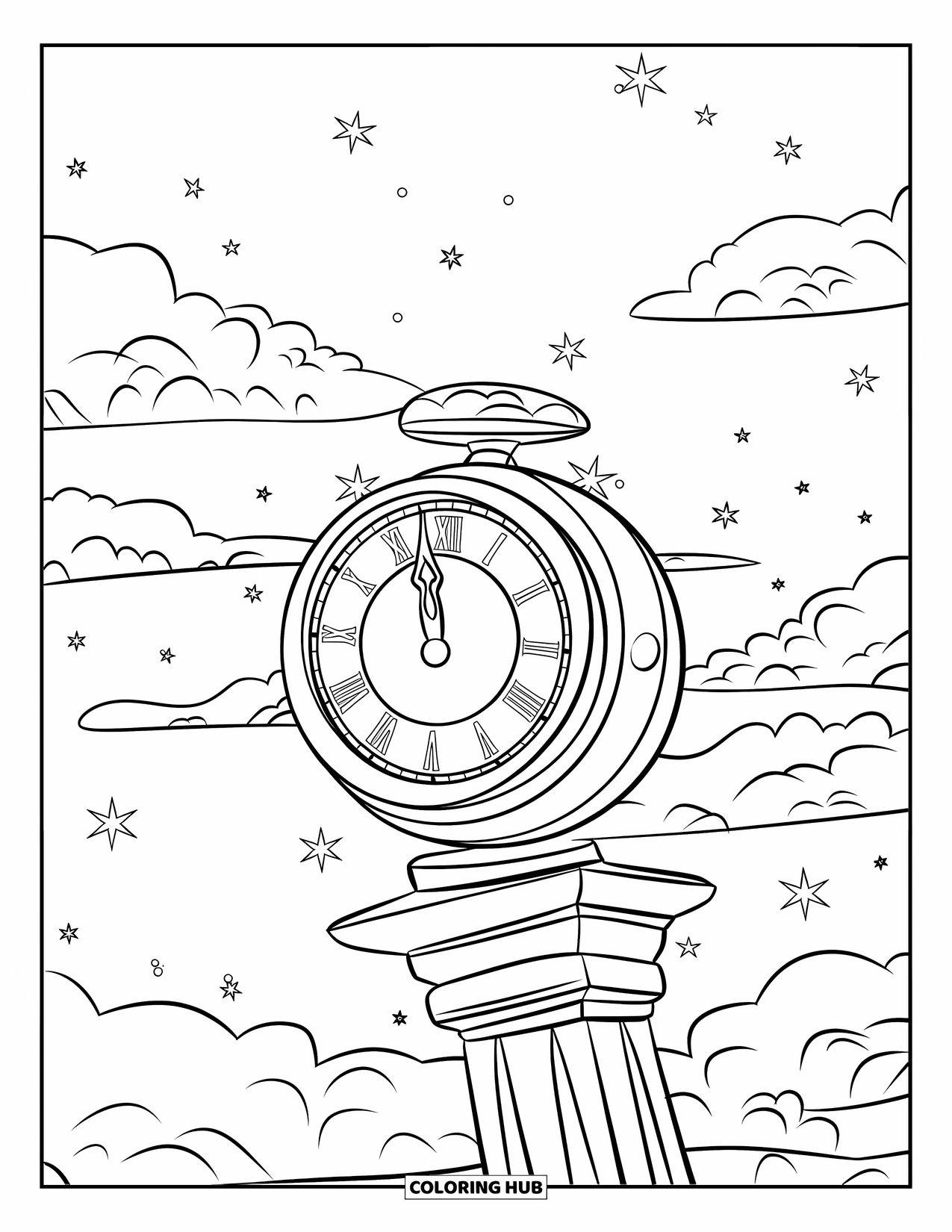 Cloud Coloring Page for Kids: A timepiece rests on a pillar, surrounded by drifting clouds and sparkling stars