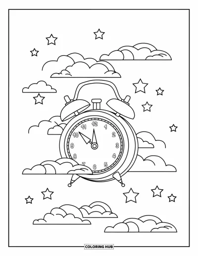 Desenho de nuvem para colorir para crianças: Um despertador retrô flutua entre nuvens enquanto estrelas piscam suavemente ao fundo