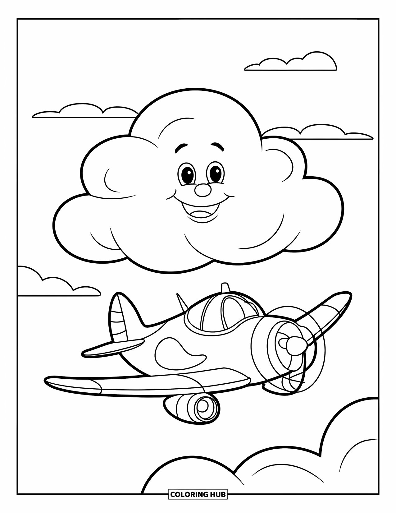 Cloud Coloring Page for Kids: An airplane with a big smile flies by fluffy clouds in a quiet sky