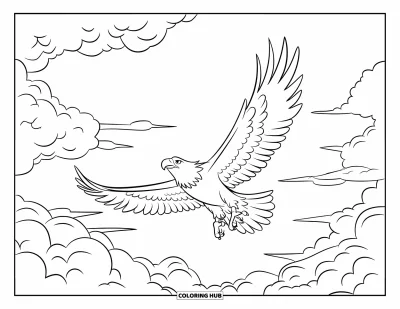 Desenho de nuvem para colorir para crianças: Uma águia planeja entre nuvens redemoinhantes com as asas bem abertas e o olhar focado para cima