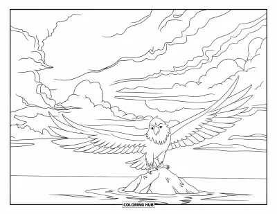 Desenho de nuvem para colorir para crianças: Uma águia pousa acima do mar enquanto as nuvens se alternam entre luz e céu tempestuoso