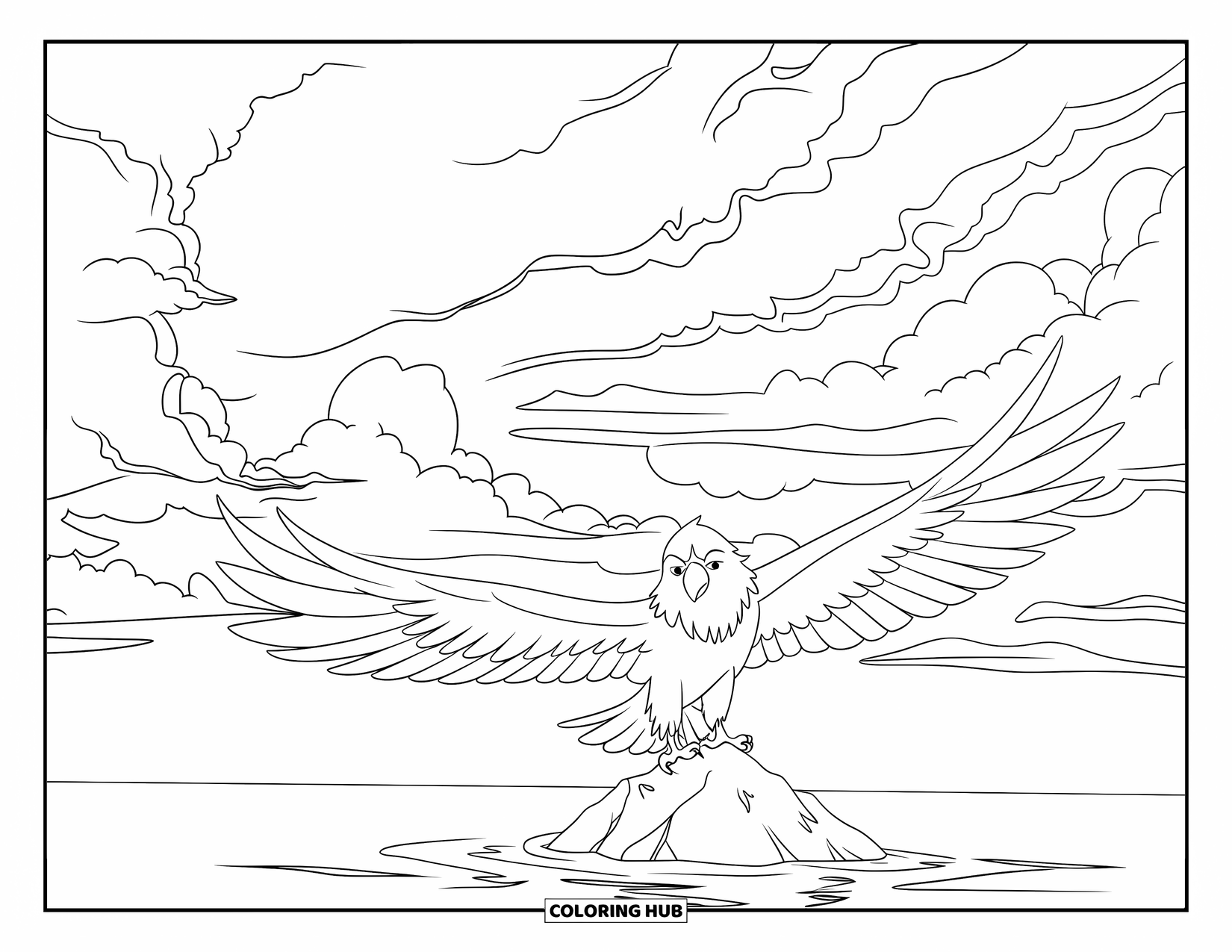 Cloud Coloring Page for Kids: An eagle perches above the sea as clouds shift between light and stormy skies