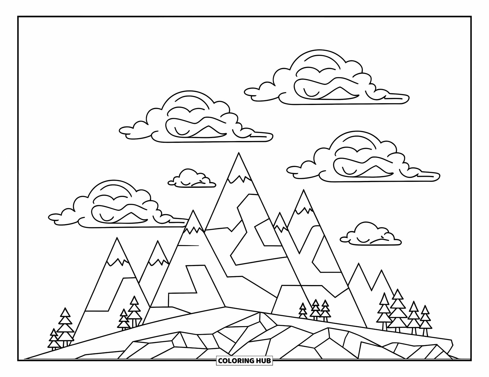 Cloud Coloring Page for Kids: Clouds drift above a forested mountain range dotted with trees and rocky edges