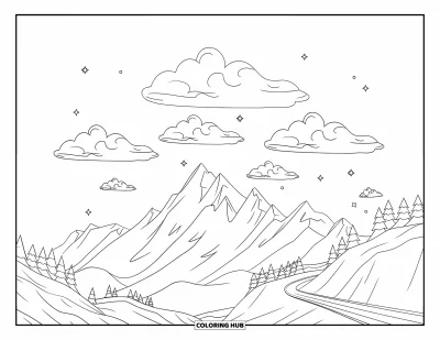 Desenho de nuvem para colorir para crianças: Nuvens flutuam acima de picos de montanha e de uma estrada sinuosa sob céus estrelados
