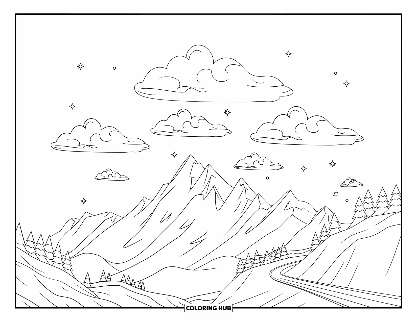 Cloud Coloring Page for Kids: Clouds float above sharp mountain peaks and a winding road beneath starry skies