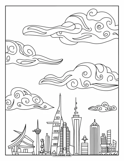 Desenho de nuvem para colorir para crianças: Nuvens estilizadas flutuam sobre um horizonte de prédios criativos e uma torre com telhado em forma de vela