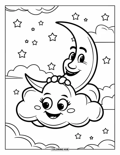 Desenho de nuvem para colorir para crianças: A lua e uma nuvem animada repousam juntas enquanto estrelas preenchem o céu noturno