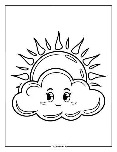 Desenho de nuvem para colorir para crianças: O sol espia por trás de uma nuvem serena com olhos calmos e um sorriso gentil