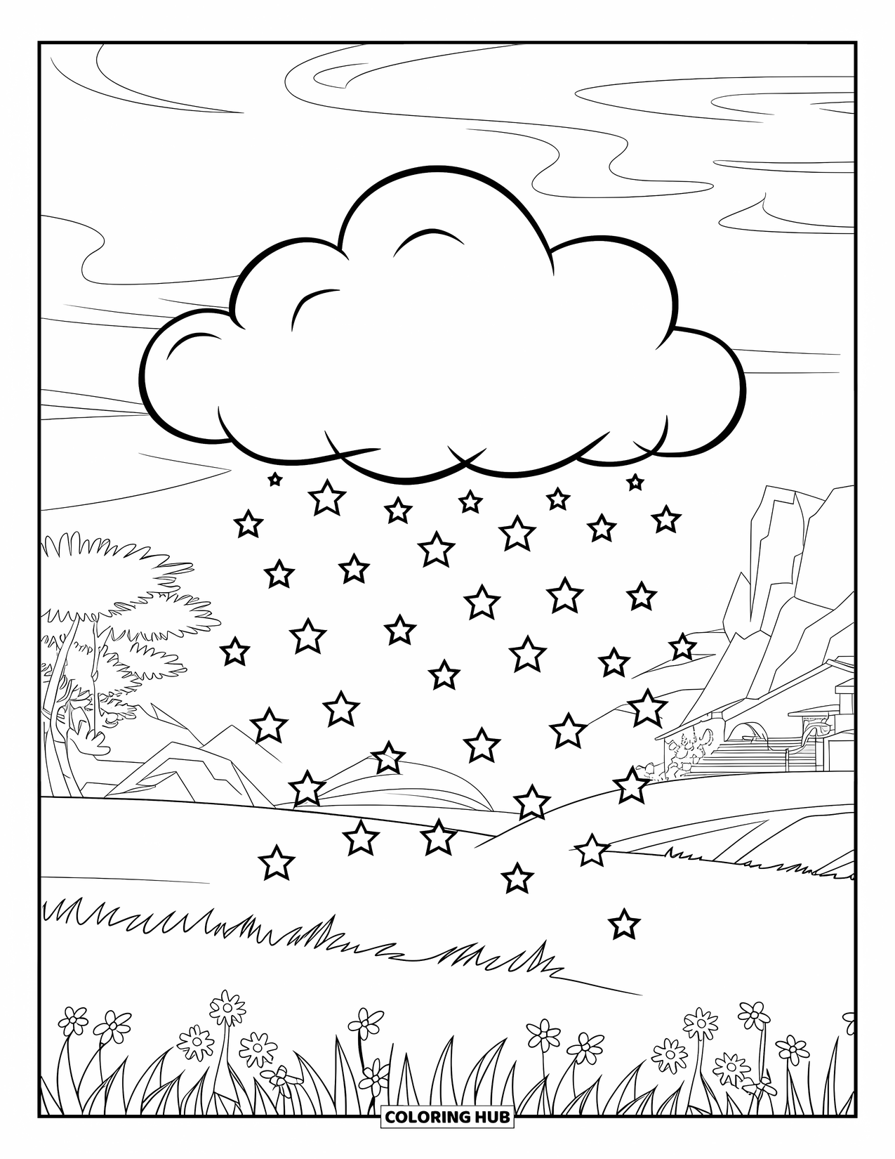 Cloud Coloring Page for Kids: Tiny stars fall from a fluffy cloud above flowers, trees, and distant mountains