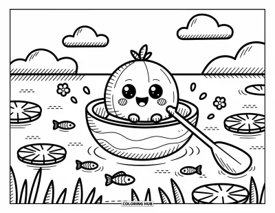 Coloriage de noix de coco pour adultes : Une adorable noix de coco dans un bateau en coquillage glisse sur un lagon paisible avec des fleurs et des poissons