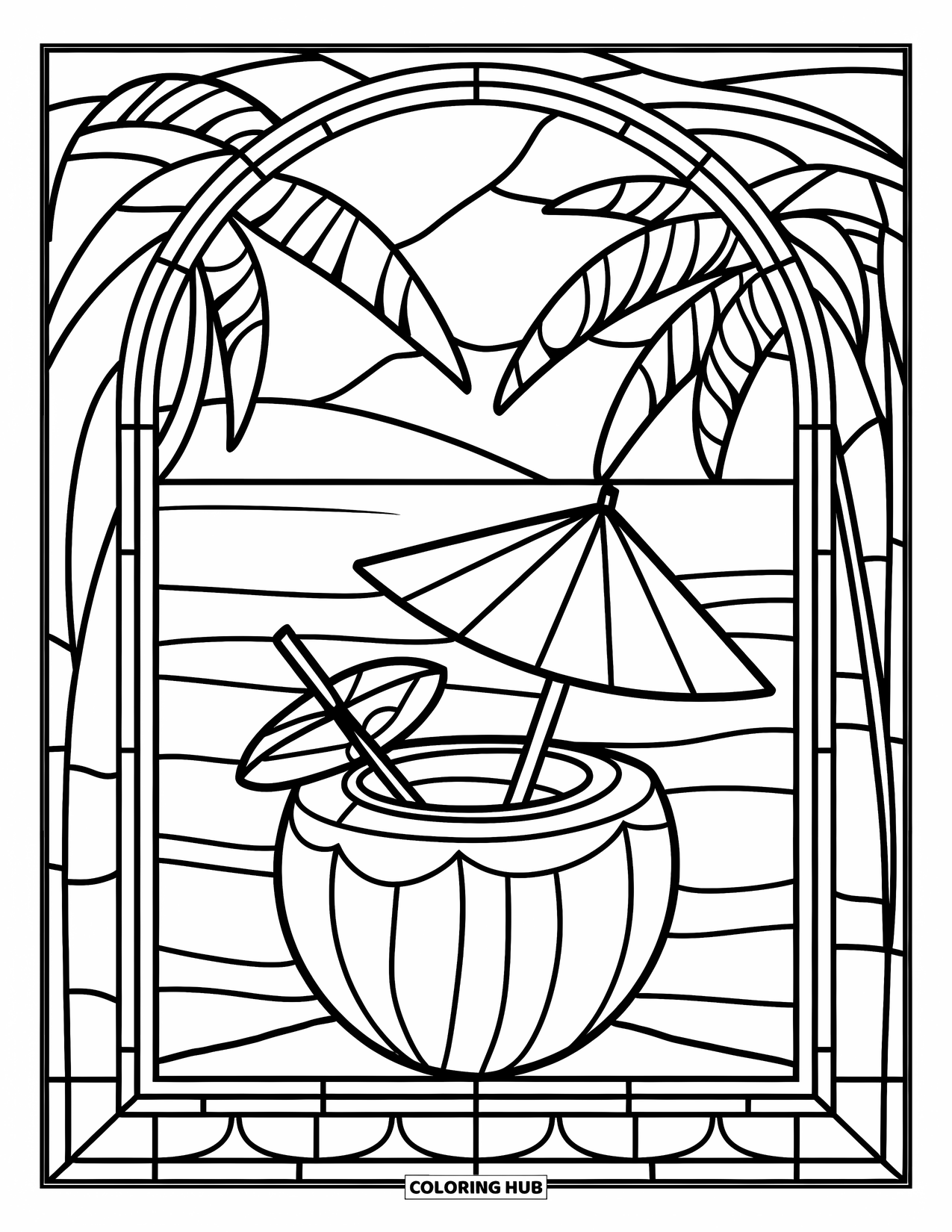 Coconut Coloring Page for Adults: Beach-themed frame holds a coconut drink with waves and palm trees