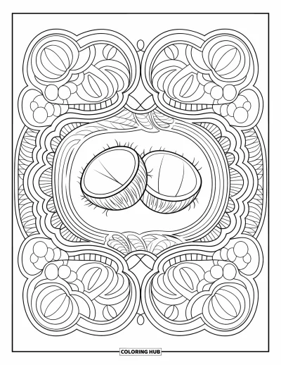Coloriage de noix de coco pour adultes : Motif en contours épais de noix de coco avec des arabesques de feuilles en dentelle