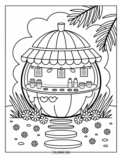 Coloriage de noix de coco pour adultes : Stand de boissons à la noix de coco avec des petits menus, des rondelles de citron vert et une ambiance de plage chaleureuse