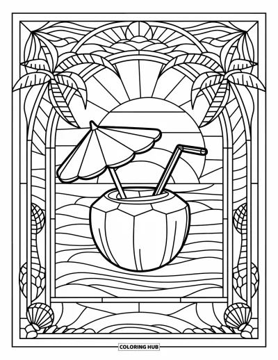 Coloriage de noix de coco pour adultes : Boisson à la noix de coco avec parasol dans un cadre de plage façon vitrail