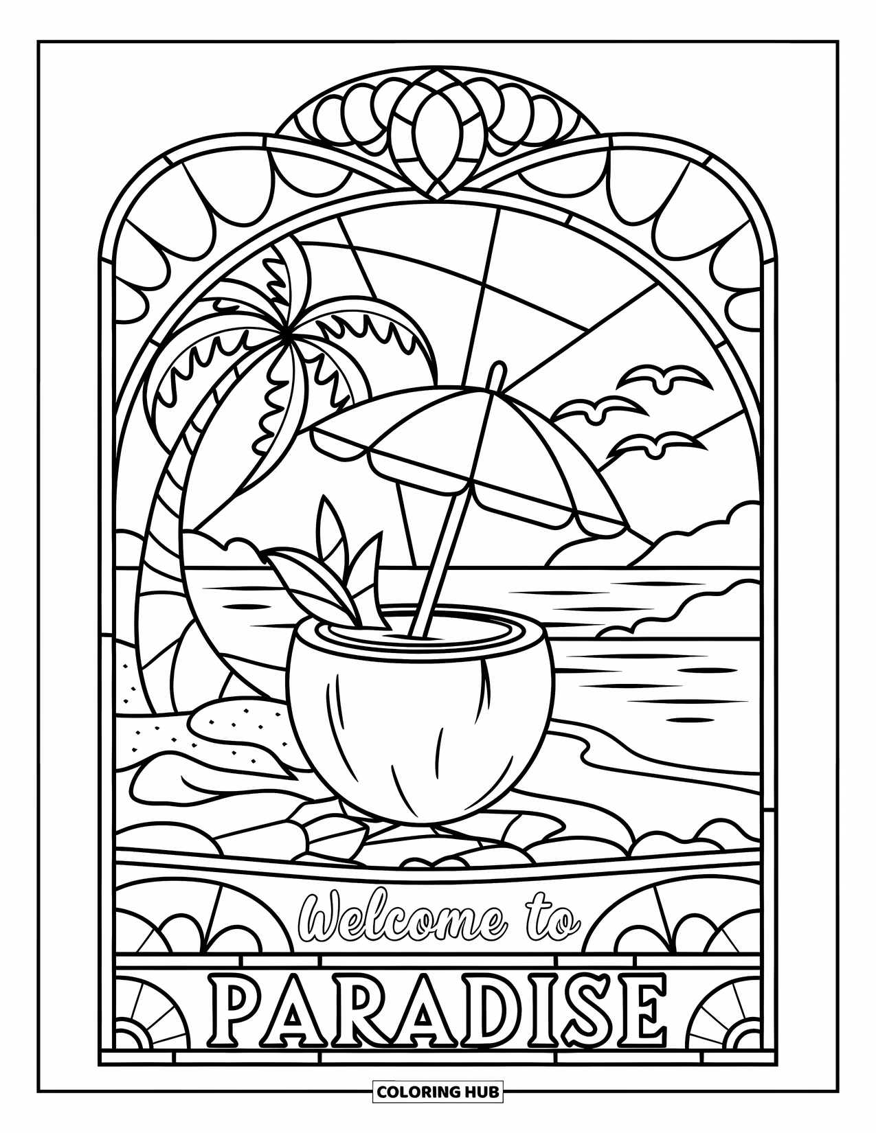 Coconut Coloring Page for Adults: Coconut drink with "Welcome to Paradise" and detailed beach scene
