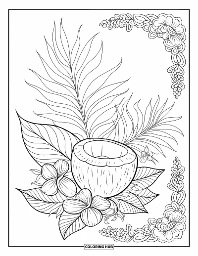Coloriage de noix de coco pour adultes : Noix de coco encadrée par des fleurs tropicales, des feuilles et un contour circulaire