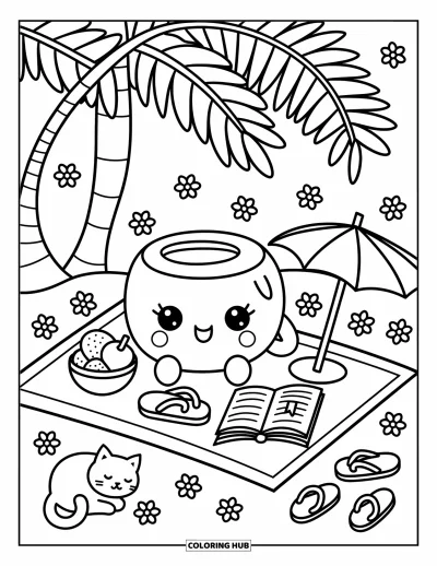 Coloriage de noix de coco pour adultes : Noix de coco sur un tapis avec un livre, un parasol, de petites fleurs et un chat endormi