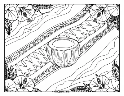 Coloriage de noix de coco pour adultes : Noix de coco sur une serviette avec des vagues, des palmiers et des mandalas d'hibiscus