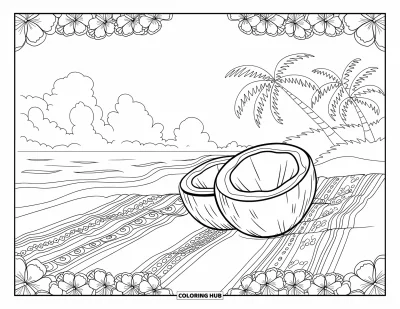 Coloriage de noix de coco pour adultes : Noix de coco sur des serviettes à motifs avec des vagues océaniques et des bordures d'hibiscus