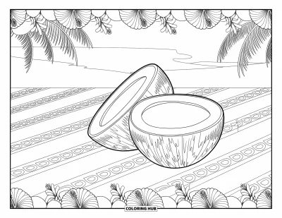 Coloriage de noix de coco pour adultes : Noix de coco sur des serviettes de plage bordées de mandalas d'hibiscus
