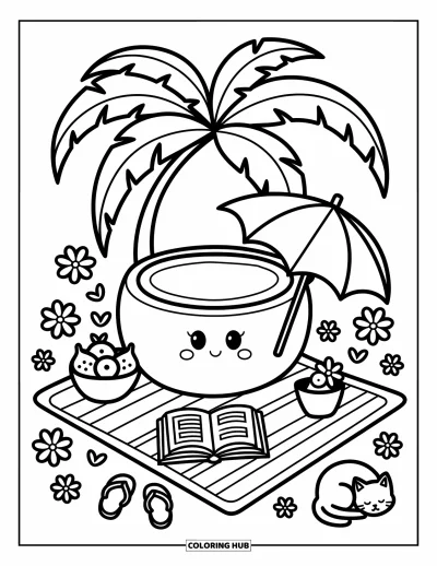 Coloriage de noix de coco pour adultes : Noix de coco posée sur un tapis avec une coupe de fruits, un livre et de jolis motifs de plage