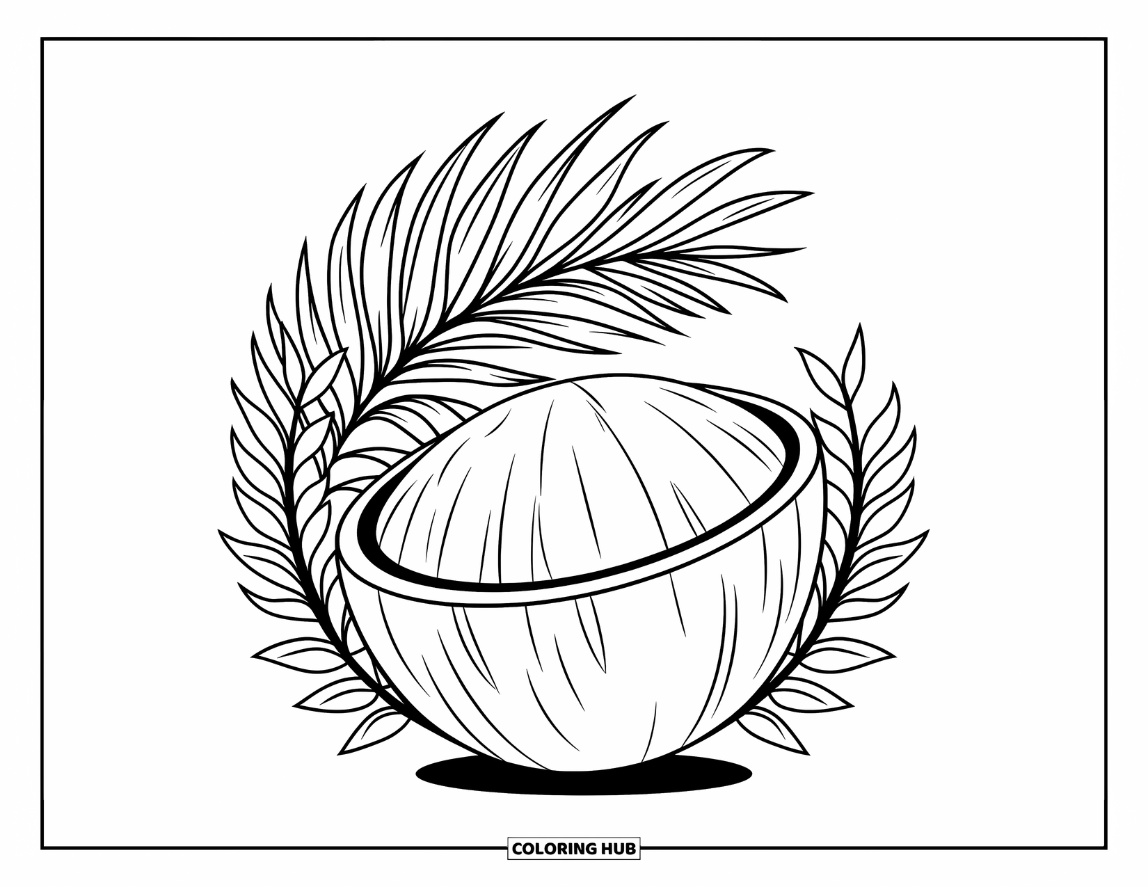 Coconut Coloring Page for Adults: Coconut resting beneath palm fronds inside a leafy circular frame