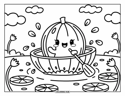 Coloriage de noix de coco pour adultes : Une noix de coco pagaie parmi des nénuphars dans un lagon calme avec des pétales flottants et des poissons