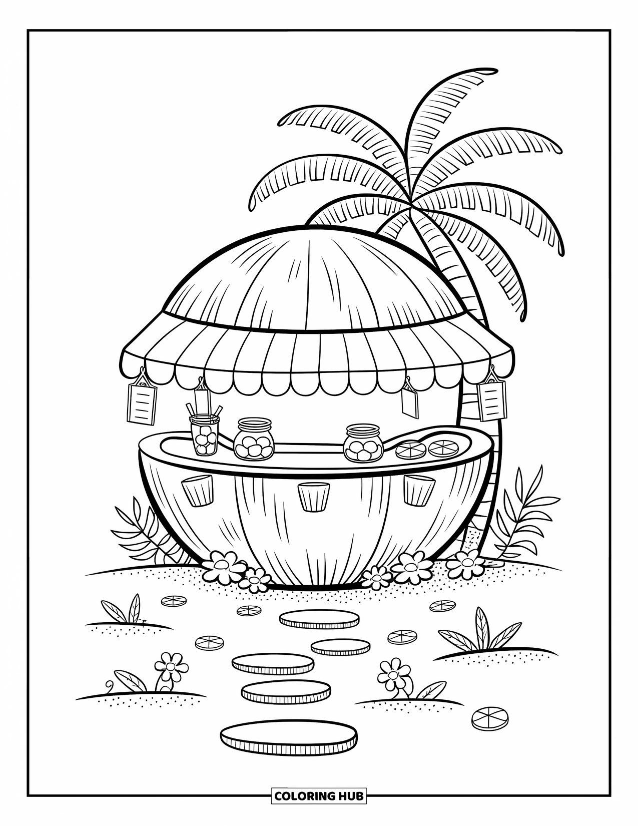 Coconut Coloring Page for Adults: Coconut-shaped drink stand with fruit jars, menus, and a path of stepping stones