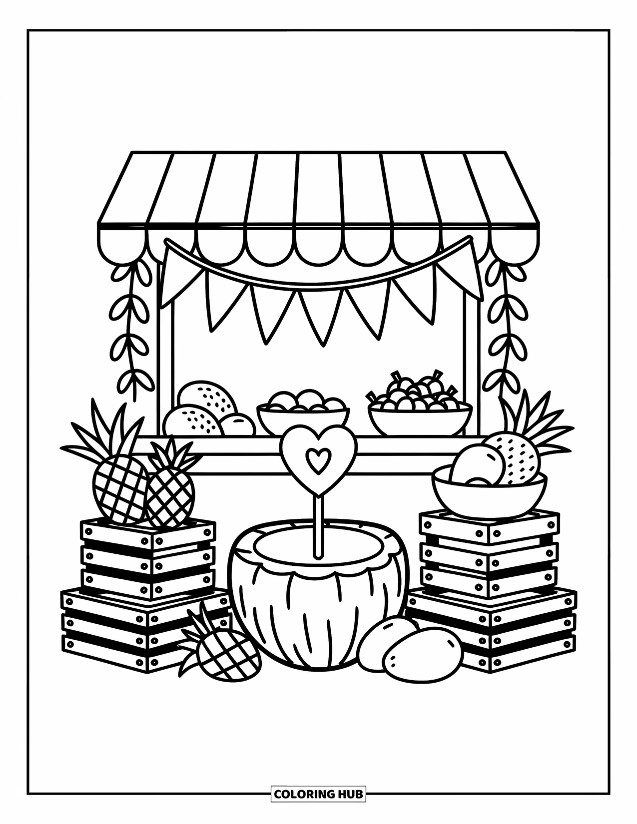 Coconut Coloring Page for Adults: Coconut stands proudly in a fruit market stall with pineapples, crates, and bunting