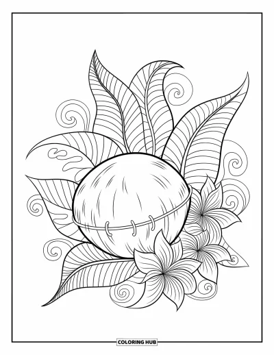 Coloriage de noix de coco pour adultes : Noix de coco entourée de feuilles tourbillonnantes et de fleurs tropicales