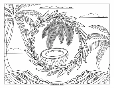 Coloriage de noix de coco pour adultes : Noix de coco sous des palmes, encerclée de feuilles décoratives et d'un ciel tropical