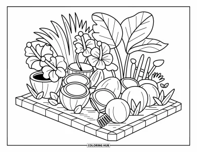 Coloriage de noix de coco pour adultes : Noix de coco nichées dans un jardin tropical avec des feuilles de palmier, des hibiscus et de petits outils