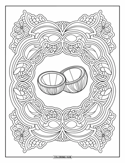 Coloriage de noix de coco pour adultes : Noix de coco entourées d'une délicate dentelle botanique sur fond blanc