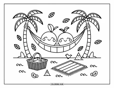Coloriage de noix de coco pour adultes : Un hamac douillet berce des noix de coco au-dessus d'un coin de plage aux détails amusants et reposants