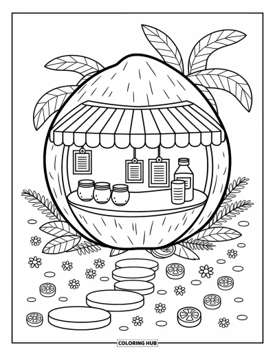 Coloriage de noix de coco pour adultes : Adorable stand de boissons à la noix de coco avec des pots de fruits, des fleurs et des rondelles de citron vert