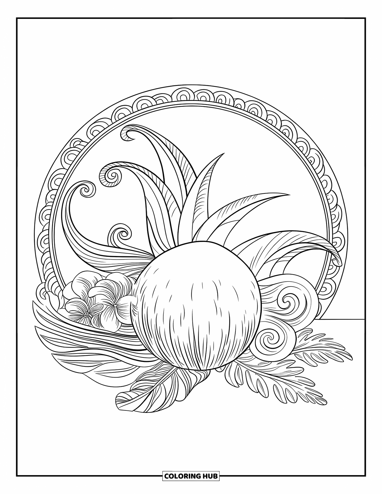 Coconut Coloring Page for Adults: Decorative floral swirls frame a coconut on a flat surface