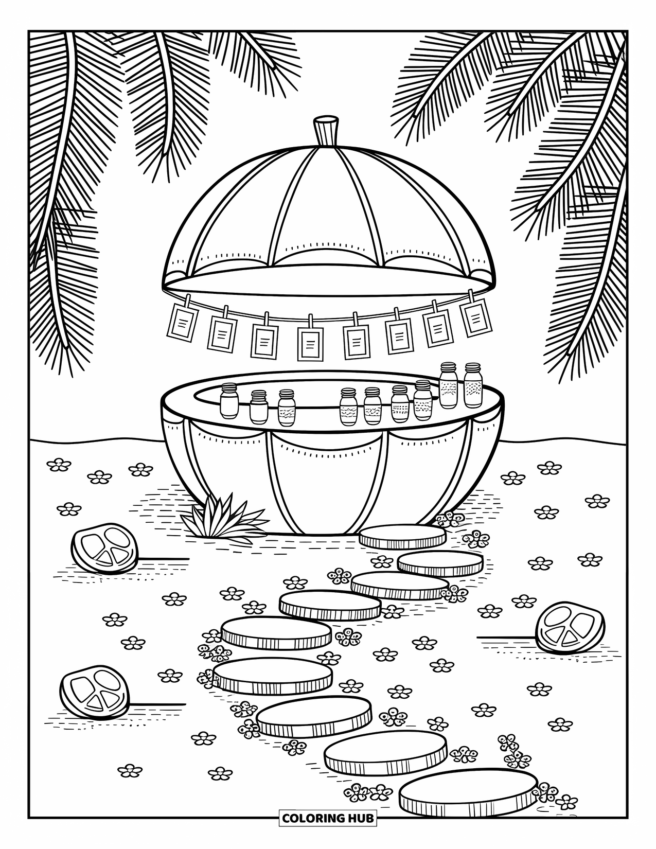 Coconut Coloring Page for Adults: Giant coconut drink stand with fruit jars and whimsical details on the beach