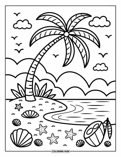 Coloriage de noix de coco pour adultes : Île avec un cocotier penché sur un lagon, des coquillages et de petites noix de coco alentour