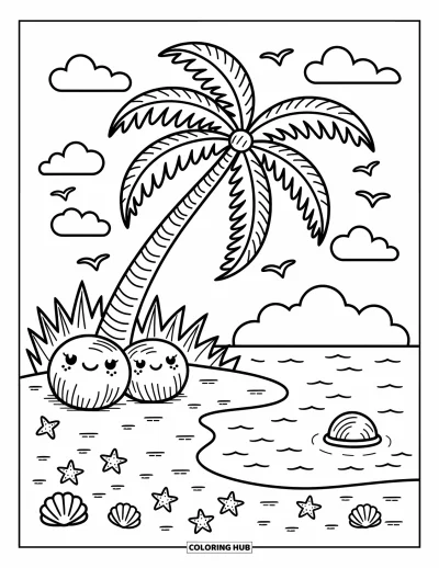 Coloriage de noix de coco pour adultes : Île sur un lagon avec des étoiles de mer, des coquillages et des noix de coco au pied d'un cocotier