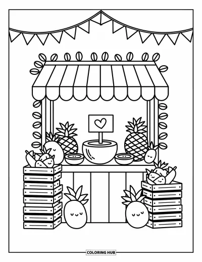 Coloriage de noix de coco pour adultes : Petit marché de fruits avec une noix de coco, des ananas et des lianes feuillues sous des guirlandes chaleureuses