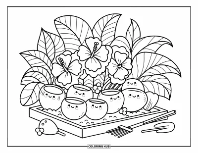 Coloriage de noix de coco pour adultes : Petit jardin avec des noix de coco émergeant des buissons, des hibiscus et de doux outils de jardinage